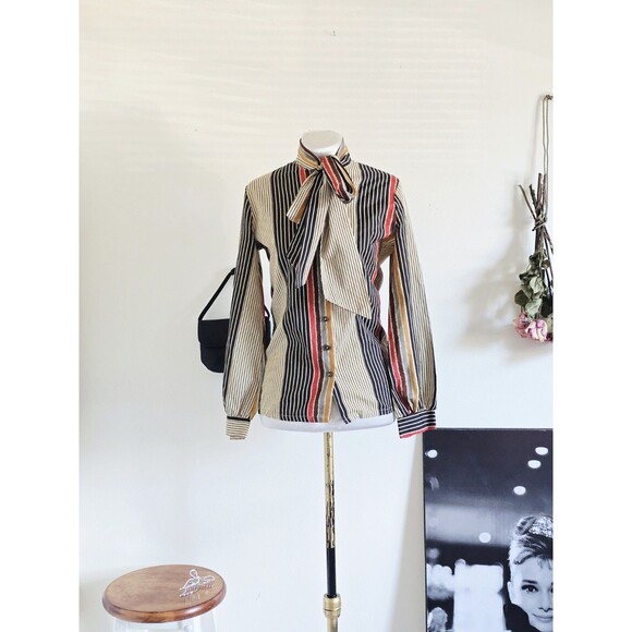 Vintage Tops - Vintage 70s Retro Brown Striped Long Sleeve Button Up Neck Tie Bow S